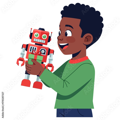 Joyful Boy Receives Red Robot Toy Gift.
