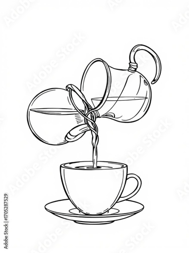 Minimilist pouring coffee from a glass coffee maker into a cup on a saucer in a black and white line drawing style vector