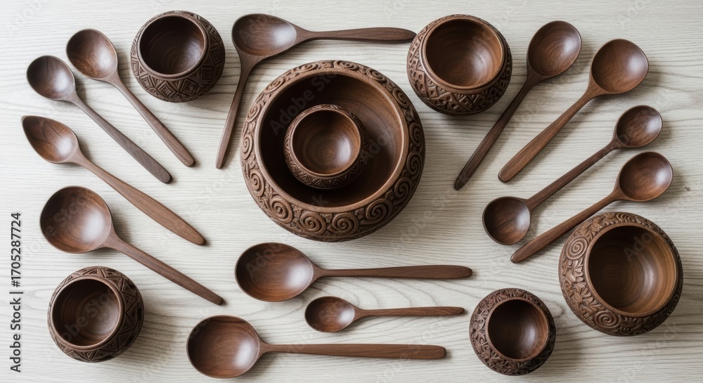 Fototapeta premium Hand Carved Wooden Bowls and Spoons on Rustic Table