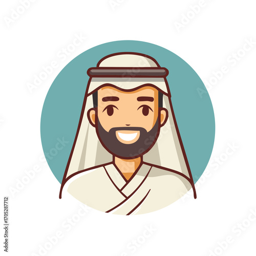 Smiling Middle Eastern Man Wearing Traditional Keffiyeh and Thobe Cartoon Avatar