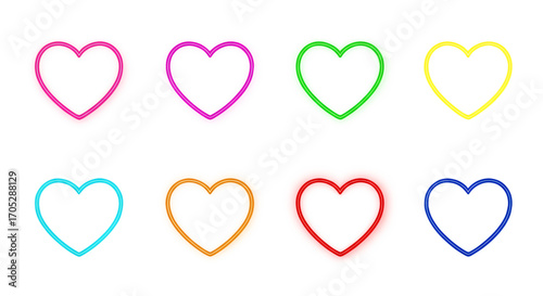 Eight colorful neon heart outlines with fluffy edges isolated on a white transparent background png file download.
