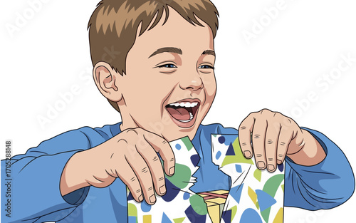 Joyful Child Tearing Open Gift Revealing Colorful Geometric Pattern.