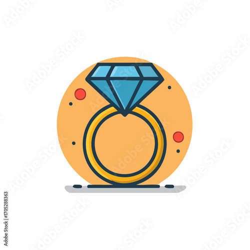 Diamond engagement ring with stylized gem and gold band, abstract circle graphic