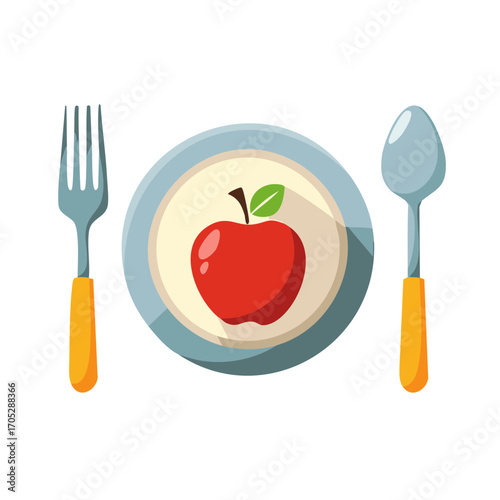 Red Apple on Plate with Fork and Spoon Icon for Healthy Food Concept