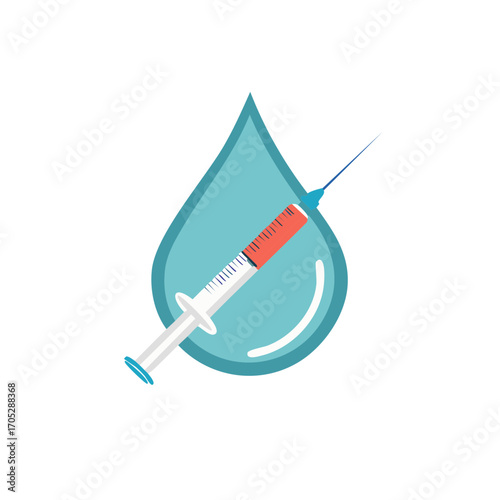 Illustration of a Syringe with Vaccine Inside a Water Drop Symbolizing Health and Immunity; Healthcare and Medical Concept