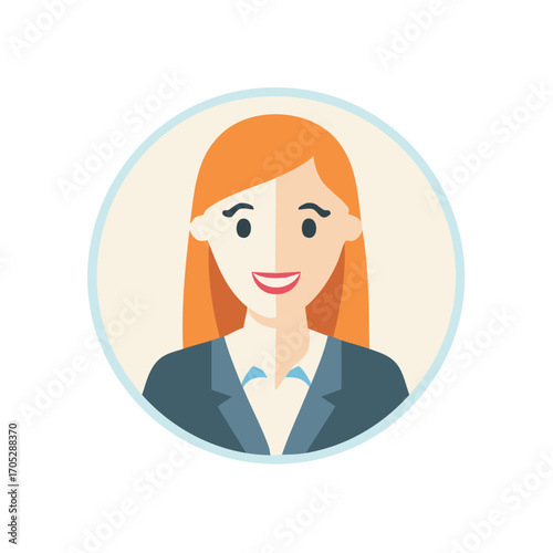 Friendly ginger haired woman wearing a suit icon in a circle with light background