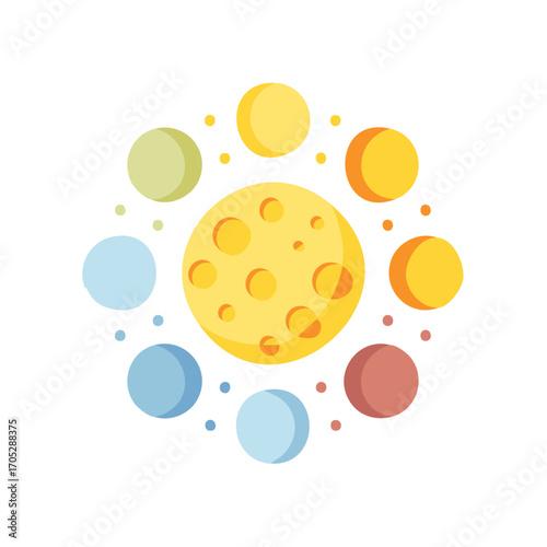 Colorful planets circle a larger yellow planet with craters astronomy science