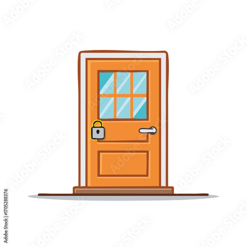 Secure orange wooden door with glass panels doorknob and padlock concept of safety home entrance