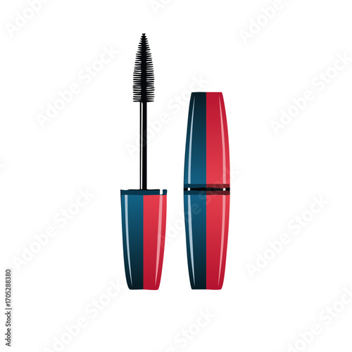 Illustration of mascara tube and brush, cosmetic product for eyelash makeup