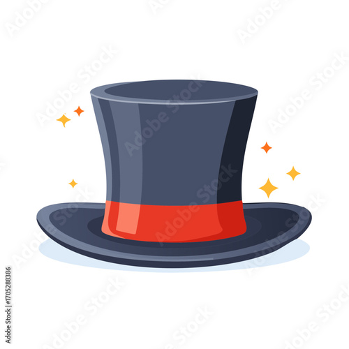 Cartoon Top Hat with Red Ribbon and Sparkling Effects