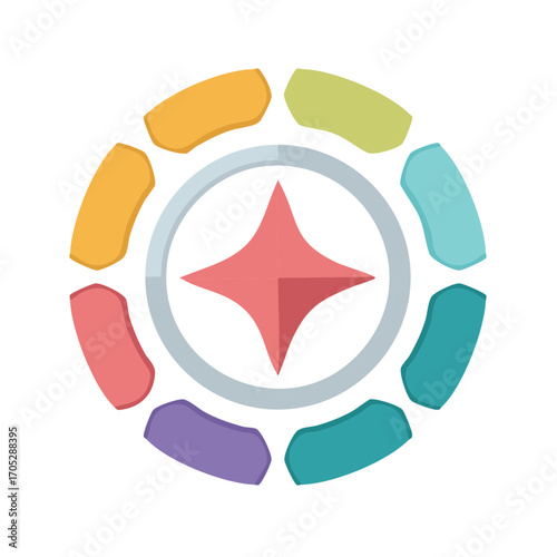 Colorful geometric star inside a circular segmented ring radiating outward motion