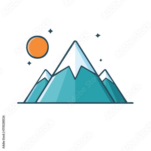 Snowy Mountains and Sun Starry Sky Illustration Landscape Travel Concept, Mountain Peaks Simple Icon, Travel Graphic Design