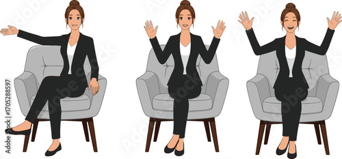 Confident businesswoman in black suit sitting on gray armchair, using hand gestures, smiling, professional, approachable, and engaging in conversation.