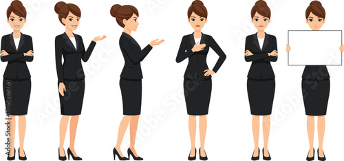Businesswoman in professional attire showing various gestures, office poses, holding blank sign, confident corporate female vector illustration