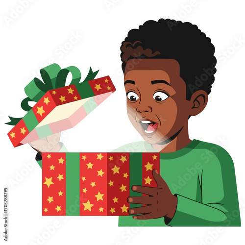 Excited Child Opens Gift Box with Glowing Surprise and Star Decorations.