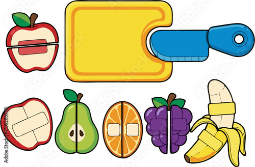 Colorful children's toy fruit cutting set with a safe toy knife and cutting board. Ideal for imaginative play, early learning, and developing fine motor skills in kids