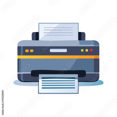 Contemporary document printer illustration with paper feed and output featuring sleek design and indicator lights
