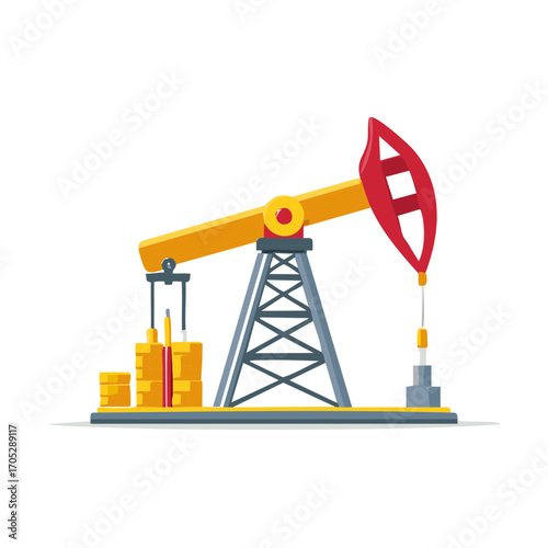 Detailed Vector Illustration of a Red and Yellow Oil Pump Jack for Petroleum Extraction and Energy Industry