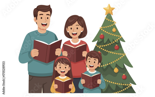 Happy Family Singing Christmas Carols by the Tree.