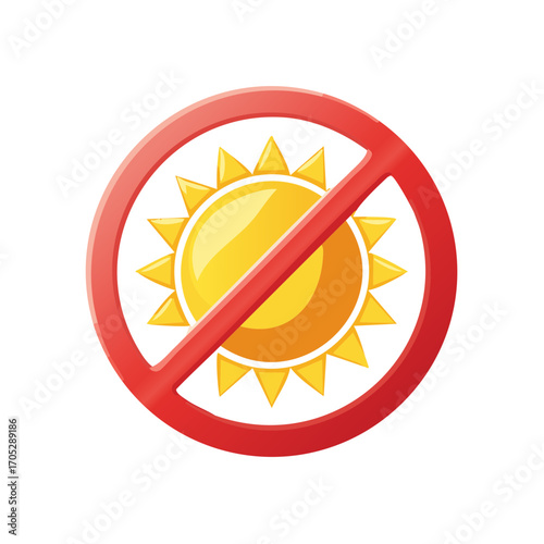 Sun icon with a red no symbol. Concept for sun protection, heat warning, and health alerts.