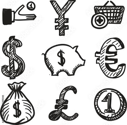 Black and white ink sketch icon set of finance elements: piggy bank, money bag, shopping basket, and coins