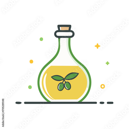 Olive Oil Bottle with Olive Branch Icon, Green Bordered Glass Container Filled with Golden Liquid