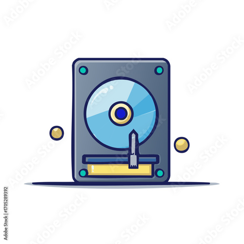 Hard disk icon for computer with data disk and head in drive