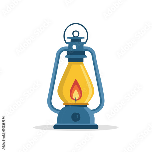 Blue Kerosene Lantern with Glowing Flame Light Illustration in Vintage Style