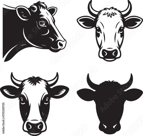 Cow Head Silhouette and Outline Collection Farm Animal Livestock Cattle Bovine Design