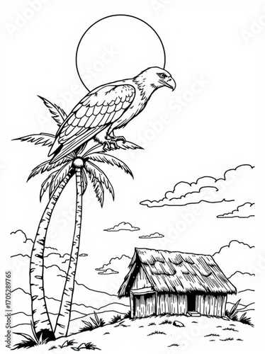 Minimilist eagle perched on a palm tree with a hut and clouds in the background under a bright sun illustration vector