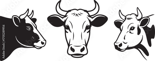 Cow Head Silhouette Collection Farm Animal Livestock Cattle Mammal Black and White Design