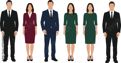 Diverse professional business team standing in formal suits and dresses, confident men and women, corporate office staff, teamwork, leadership, unity.