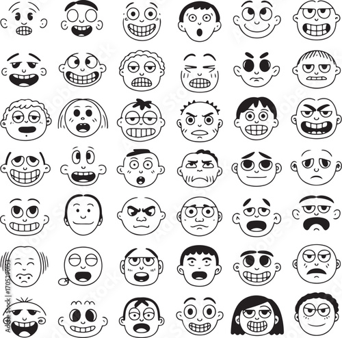 Diverse Cartoon Faces Grid Displaying Varied Emotions and Expressions on Transparent Backdrop