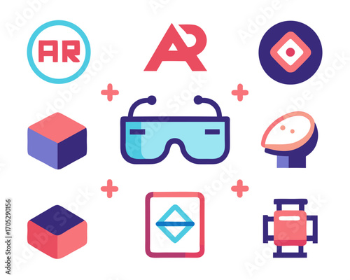 Augmented reality technology and devices icon set
