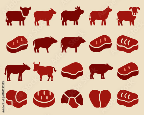 Collection of red cattle and beef cuts icons