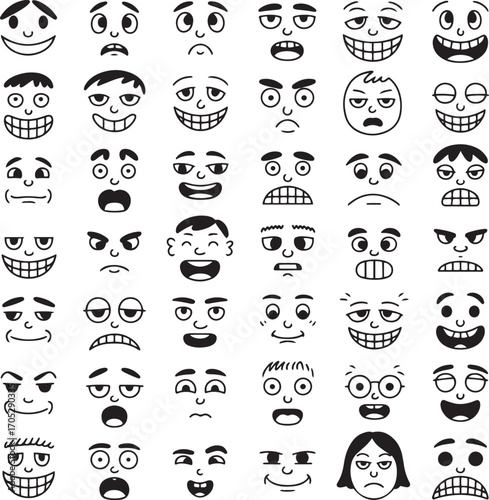 Expressive Cartoon Faces with Exaggerated Features on a Transparent Backdrop Design