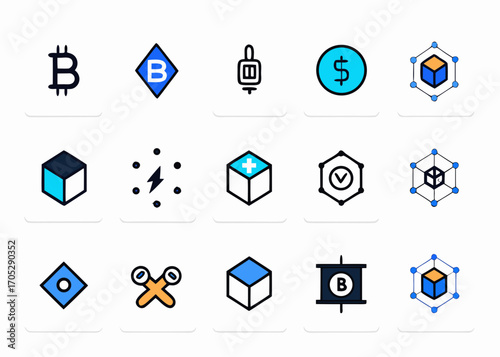 Collection of cryptocurrency and blockchain technology icons