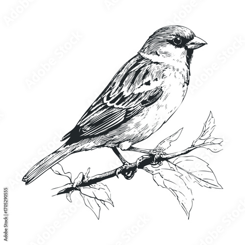 A sparrow perched on a small branch with leaves.