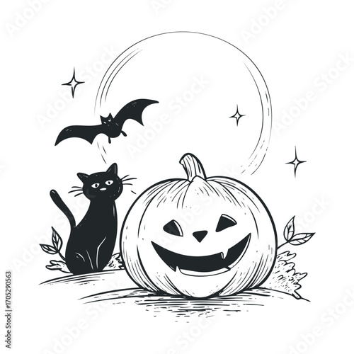 A black cat and a carved pumpkin under a moon.