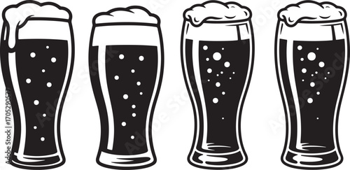 Refreshing Beer Glass Collection Displaying Frothy Beverages in Various Shapes and Styles
