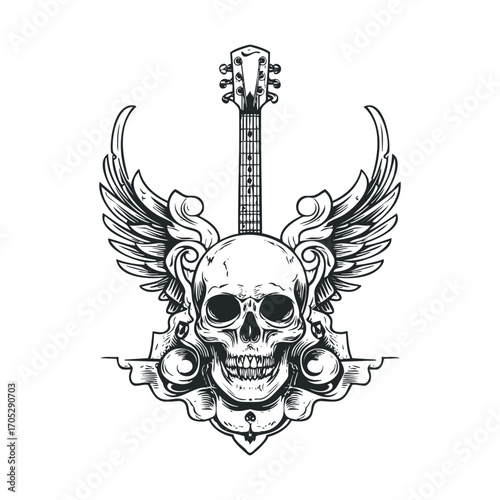 A skull with wings and a guitar neck above it.