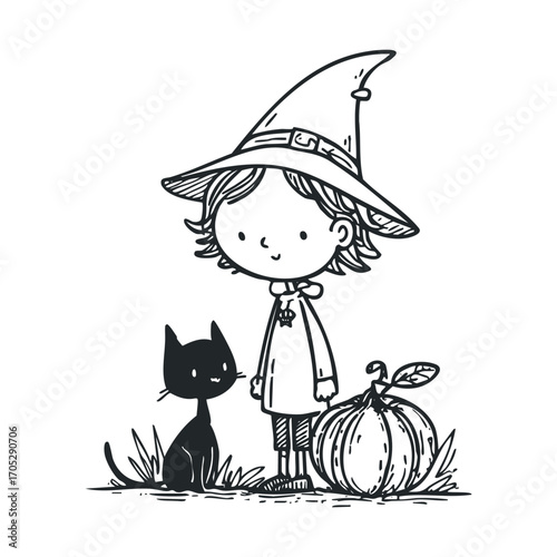 A cute drawing of a boy in a hat with a cat and a pumpkin.