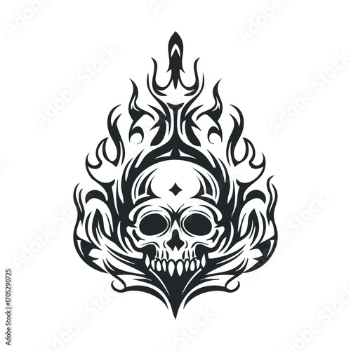 A stylized skull with tribal-like flames surrounding