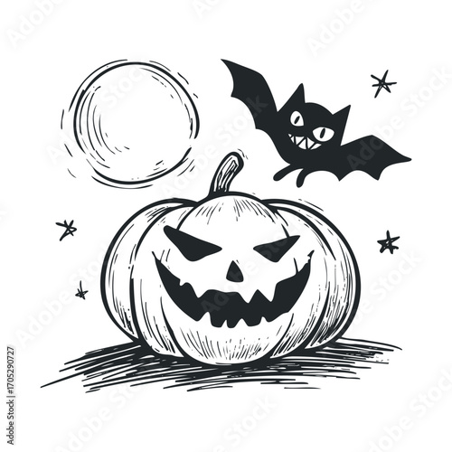 A scary pumpkin with a bat flying past a full moon.