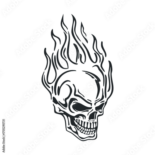 A drawing of a skull with flames erupting from its head.