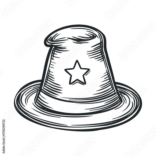 A black and white drawing of a wizard's hat with a star.