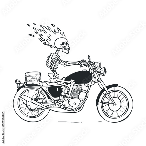 A drawing of a skeleton with a flaming head riding a motorcycle.