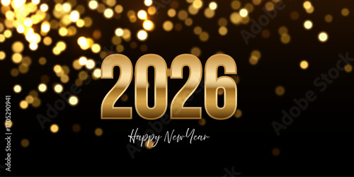 Golden 2026 New Year greeting card. Shiny gold numbers with sparkling bokeh lights on black background. Merry Christmas festive postcard, invitation, banner, poster. Luxury vector illustration.