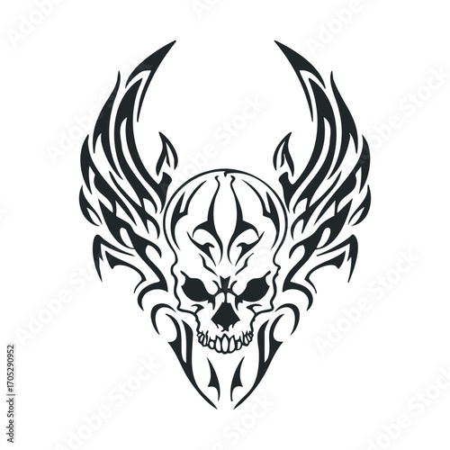 A stylized tribal drawing of a winged skull on a white background.