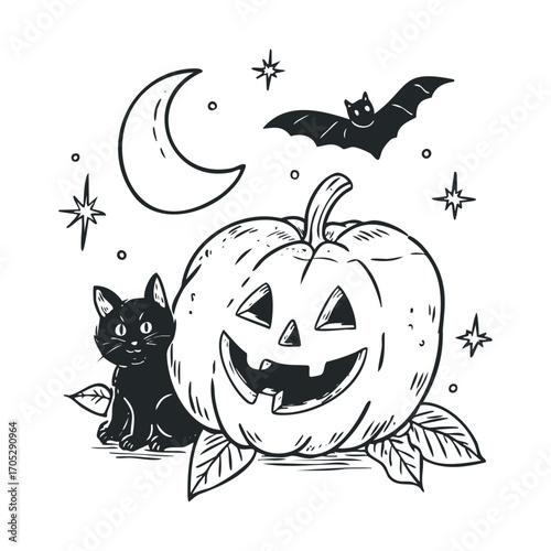 A grinning pumpkin with a black cat and bats.